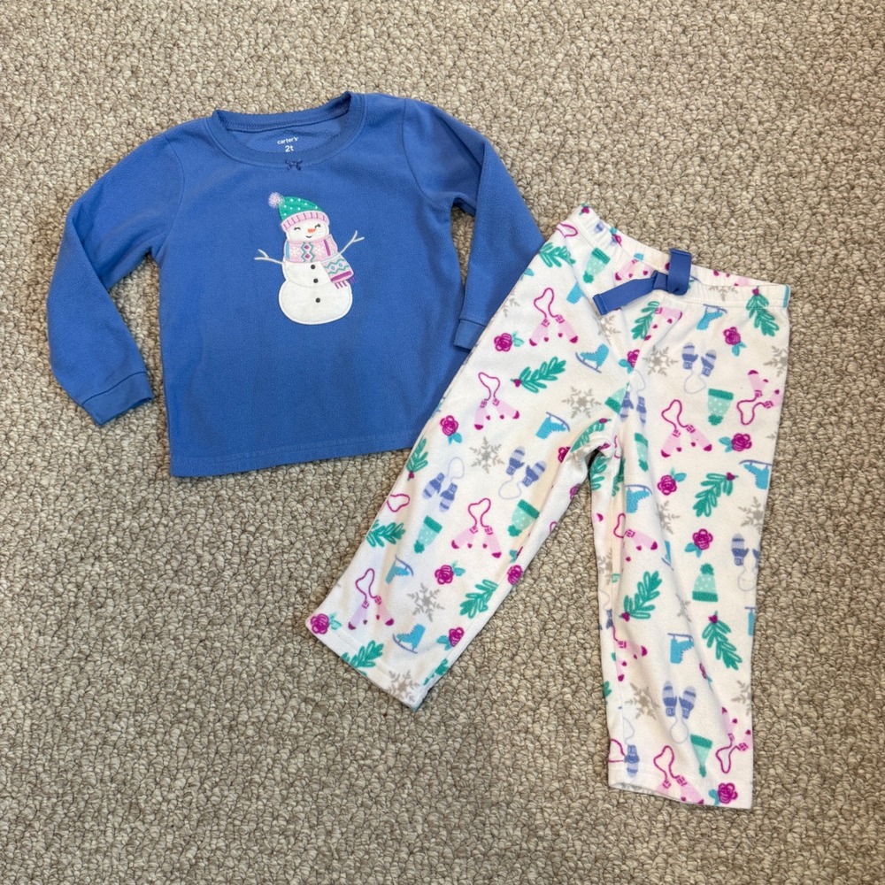 Carters Toddler Girls Size 2T Blue Fleece Snowman Pajama Set 2 Piece Winter PJs